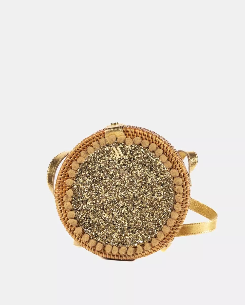 Ansa Per Ansa - Bandolera Mini Redonda De Ratán Con Glitter Combinado En Marrón Y Dorado barato