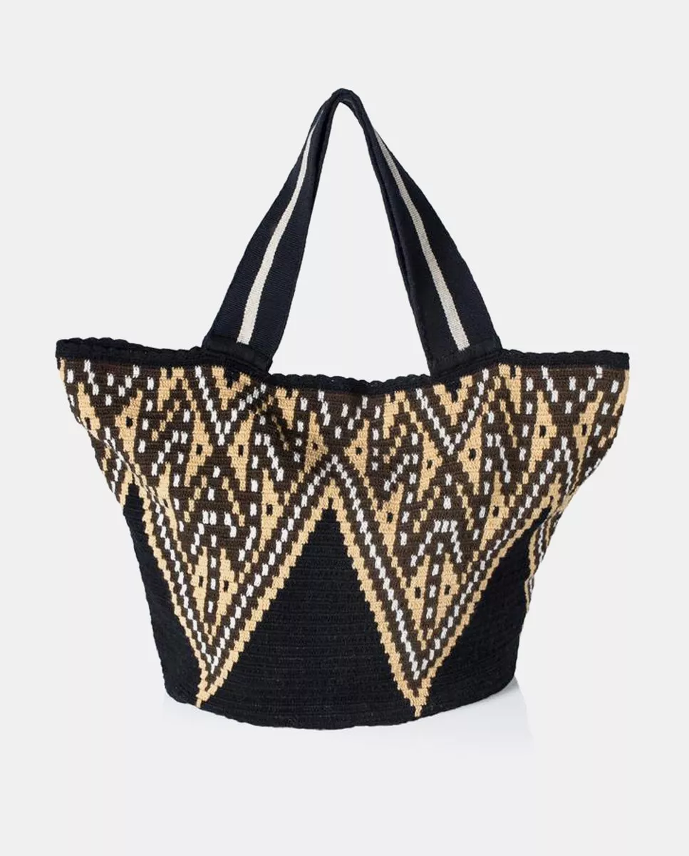 Castellano Ethnic Origins - Tote De Playa Maleiwa Tejida A Mano En Negro Con Cierre Cremallera barato