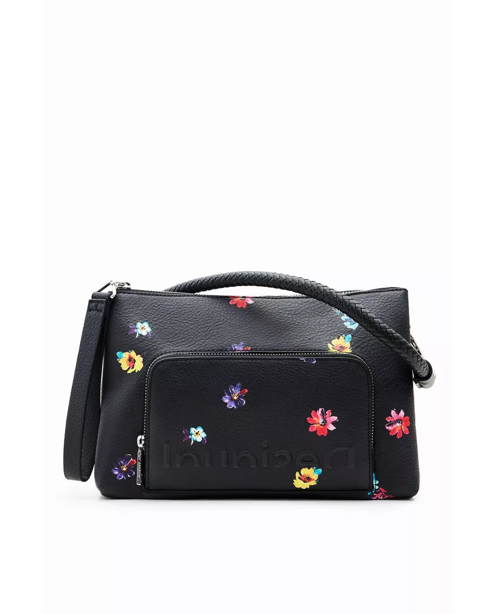 Desigual - Bandolera Mediana En Negro Con Flores Y Bolsillo Frontal barato