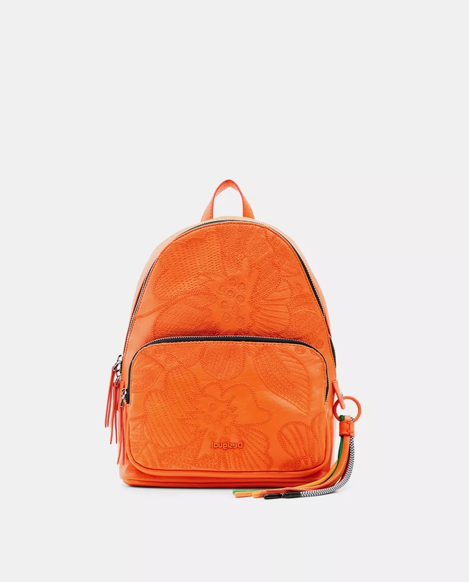 Desigual - Mochila Pequeña En Naranja Con Estampado De Flores Bordadas barato
