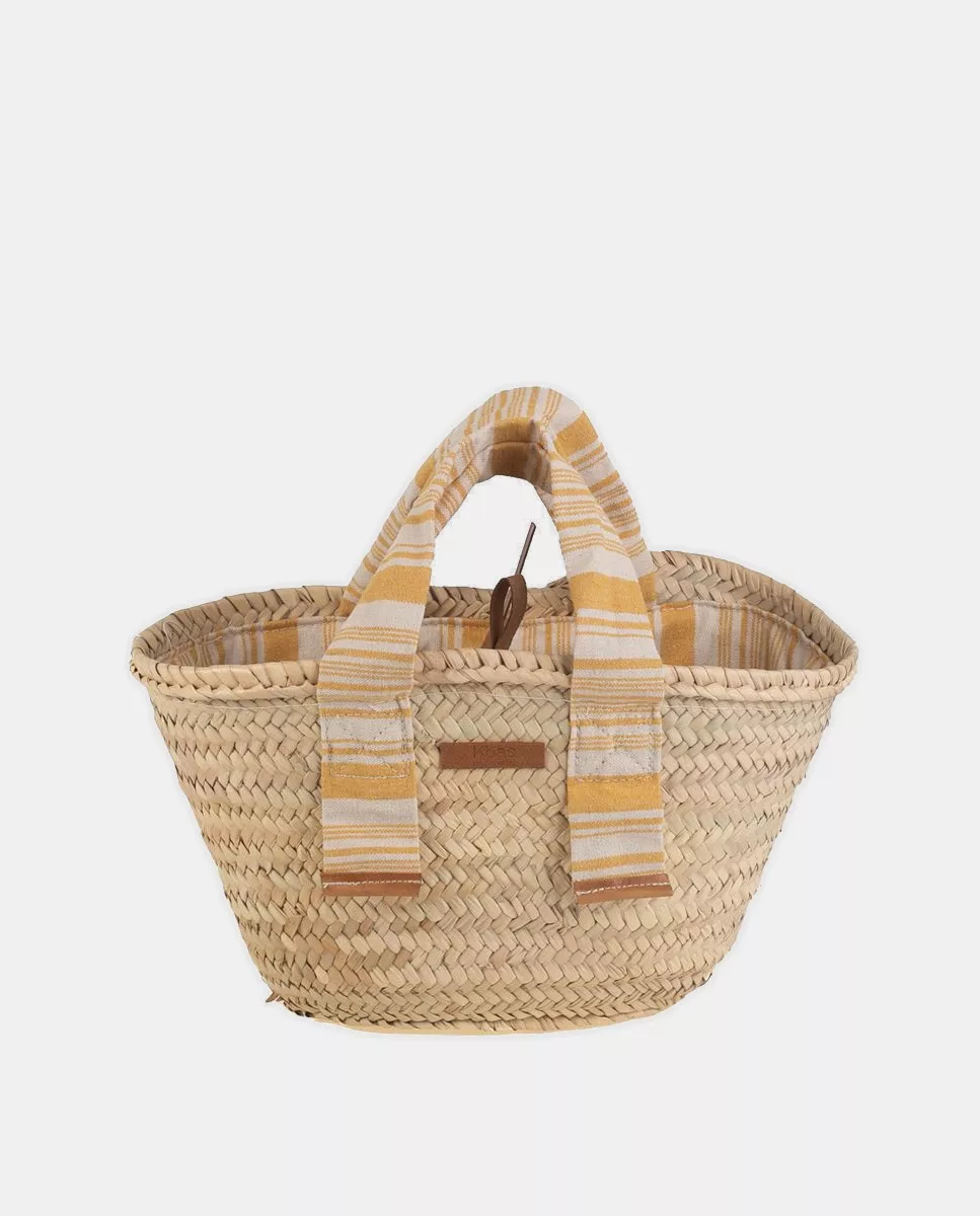 Kbas - Capazo De Palma Natural Y Tela Algodón A Rayas Con Asas Mostaza En Oferta Kbas - Capazo De Palma Natural Y Tela Algodón A Rayas Con Asas Mostaza Barato