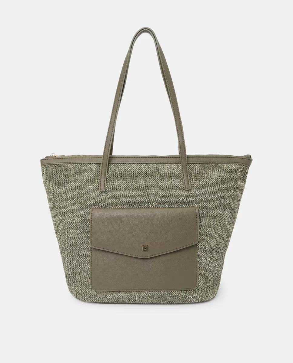 Lt - Bolso Shopper Grande De Rafia Sintética En Kaki Con Cremallera En Oferta Lt - Bolso Shopper Grande De Rafia Sintética En Kaki Con Cremallera Barato