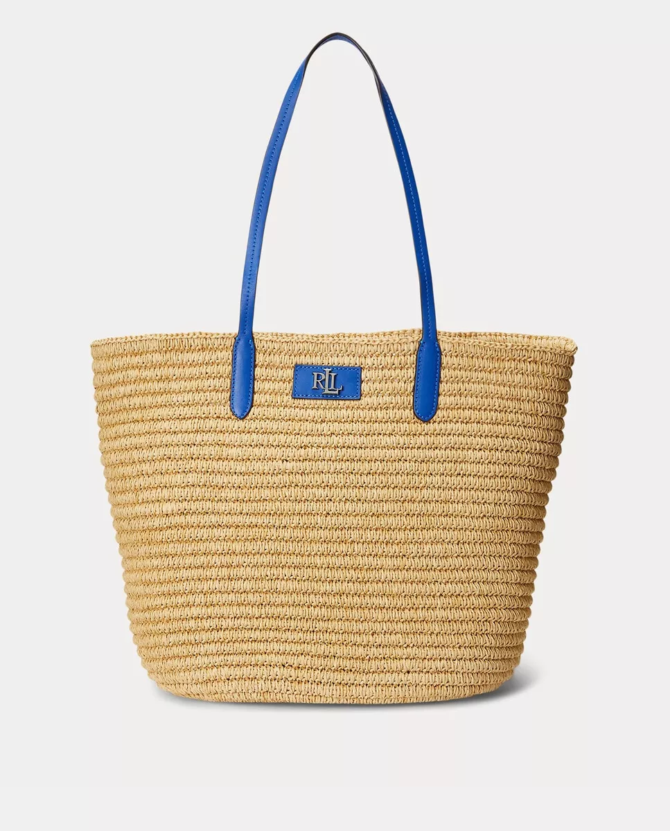 Lauren Ralph Lauren - Capazo De Rafia Brie En Natural Con Asas Y Logo En Azul barato