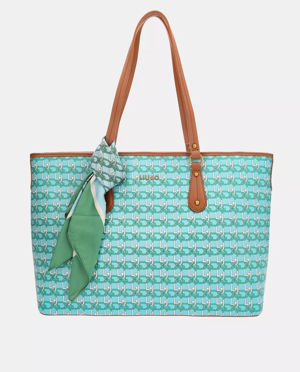 Liu Jo - Bolso Shopper En Turquesa Con Print De Logos Y Pañuelo En Oferta Liu Jo - Bolso Shopper En Turquesa Con Print De Logos Y Pañuelo Barato