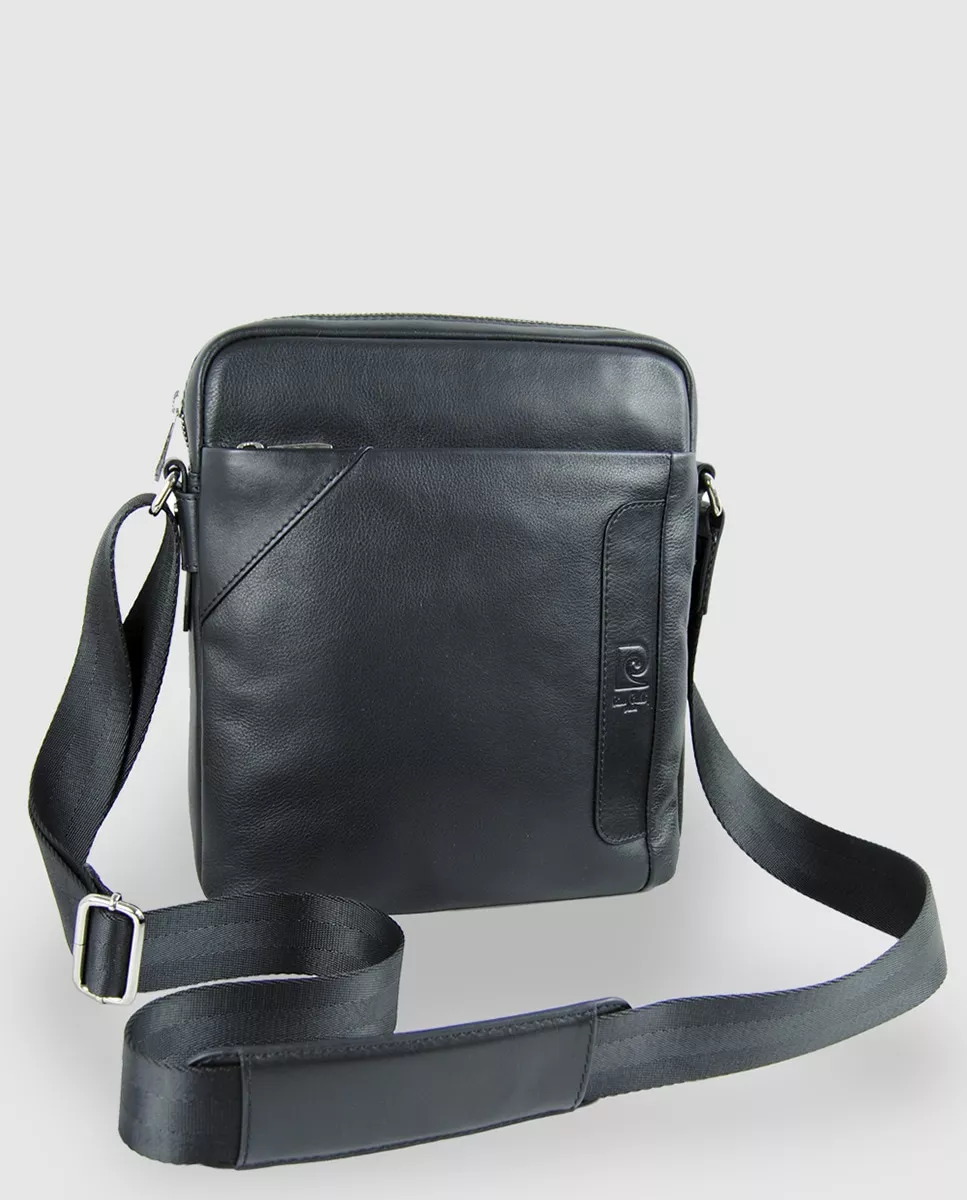 Pierre Cardin - Bandolera De Piel Negra Con Dos Cremalleras Exteriores barato