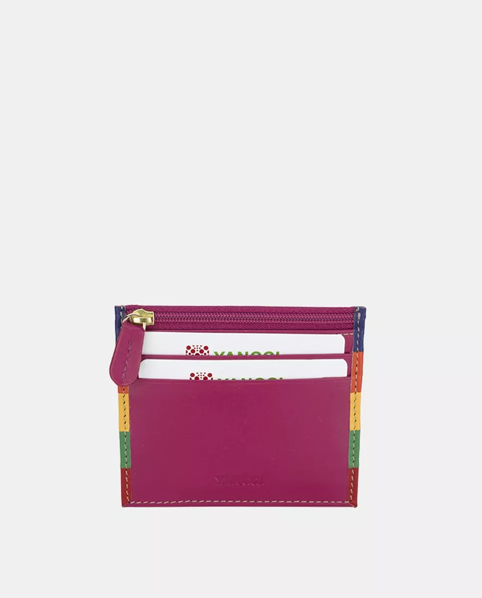 Yancci - Tarjetero De Piel En Fucsia Con Vivos Multicolor barato