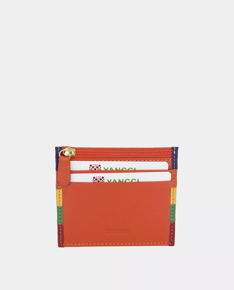 Yancci - Tarjetero De Piel En Naranja Con Vivos Multicolor barato